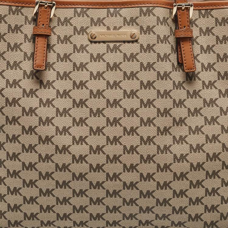 Pre Owned MICHAEL Michael Kors Brown/Beige Signature Coated Canvas and Leather Emery Tote