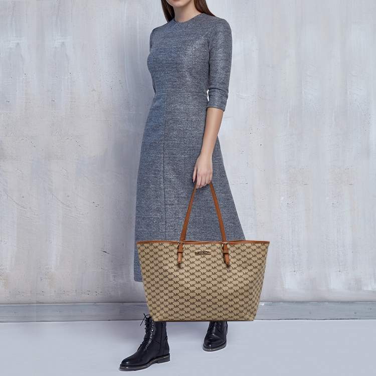 Pre Owned MICHAEL Michael Kors Brown/Beige Signature Coated Canvas and Leather Emery Tote