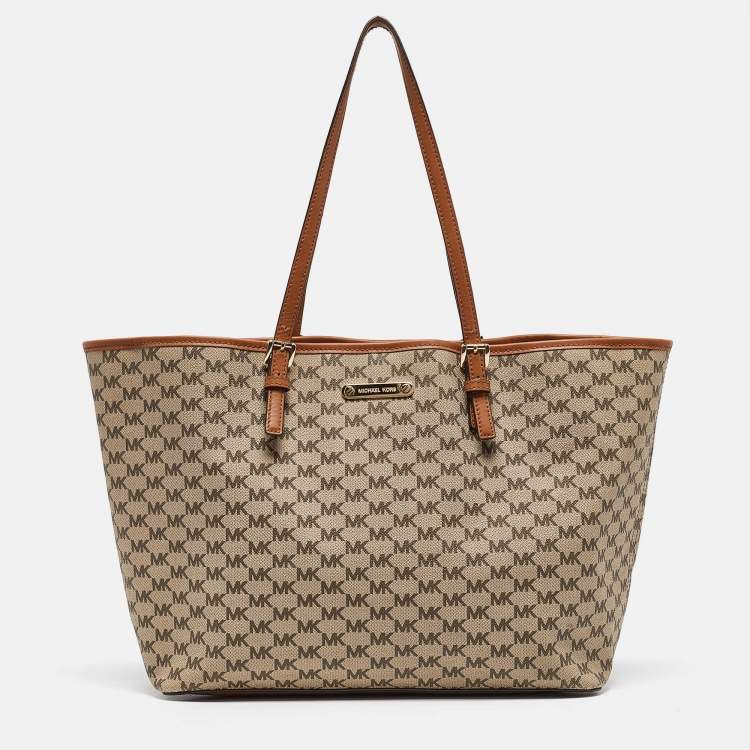 Pre Owned MICHAEL Michael Kors Brown/Beige Signature Coated Canvas and Leather Emery Tote