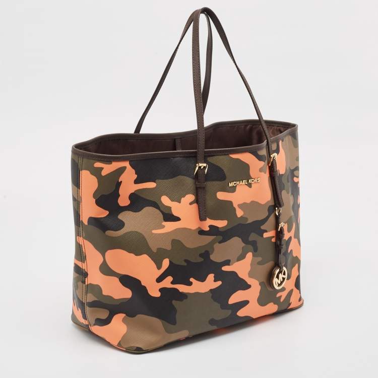 Pre Owned MICHAEL Michael Kors Multicolor Camouflage Leather Large Jet Set Travel Tote