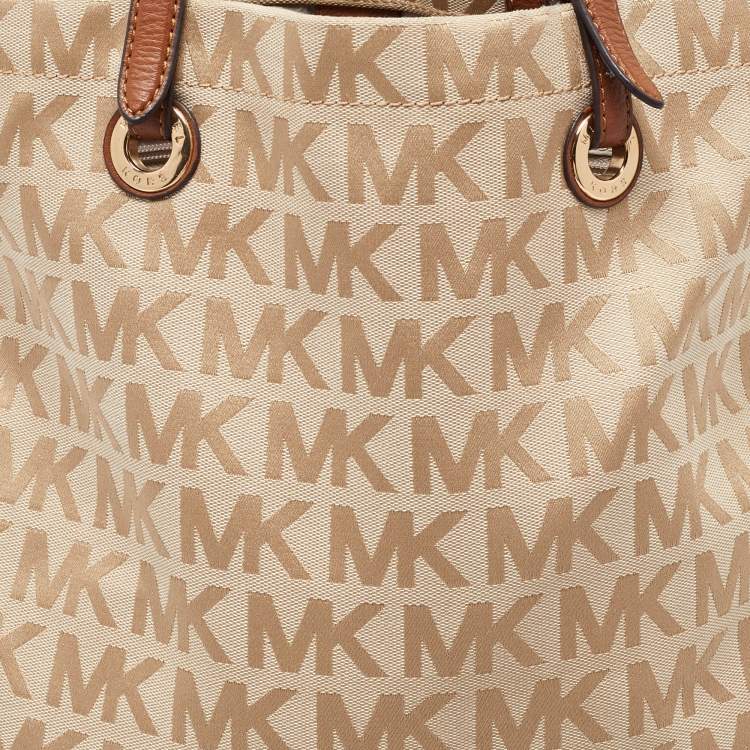 Pre Owned MICHAEL Michael Kors Beige/Brown Signature Canvas and Leather North South Tote 
