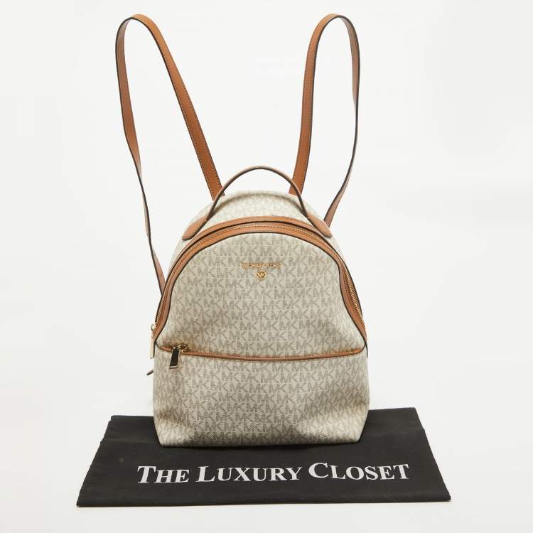 Pre Owned MICHAEL Michael Kors Brown/White Signature Coated Canvas and Leather Valerie Backpack