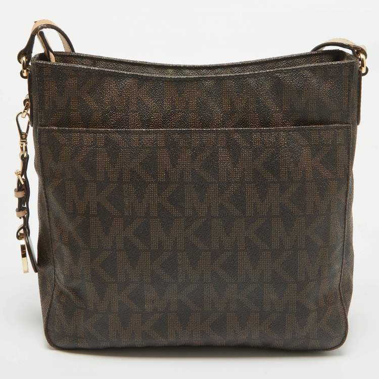 Pre Owned MICHAEL Michael Kors Brown/Beige Sigature Coated Canvas and Leather Jet Set Travel Messenger Bag