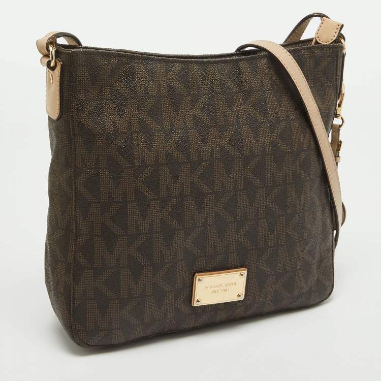 Pre Owned MICHAEL Michael Kors Brown/Beige Sigature Coated Canvas and Leather Jet Set Travel Messenger Bag