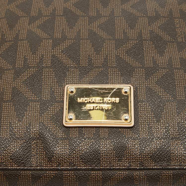 Pre Owned MICHAEL Michael Kors Brown/Beige Sigature Coated Canvas and Leather Jet Set Travel Messenger Bag