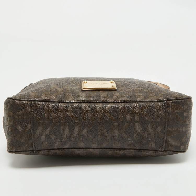 Pre Owned MICHAEL Michael Kors Brown/Beige Sigature Coated Canvas and Leather Jet Set Travel Messenger Bag