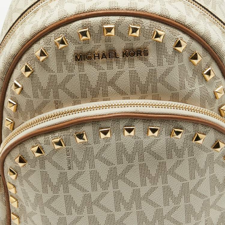 Pre Owned MICHAEL Michael Kors Off White Signature Coated Canvas Studded Abbey Backpack