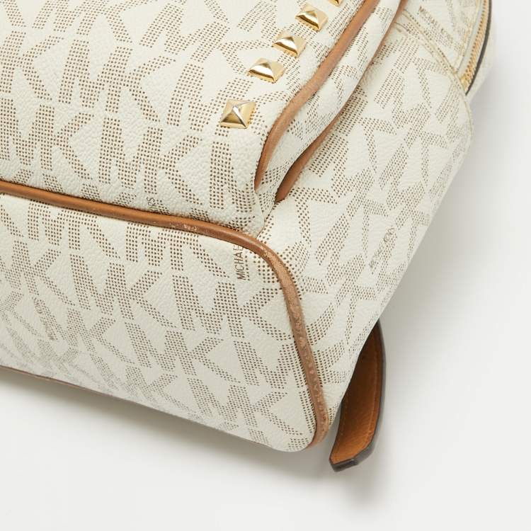 Pre Owned MICHAEL Michael Kors Off White Signature Coated Canvas Studded Abbey Backpack