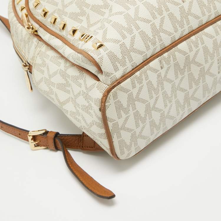 Pre Owned MICHAEL Michael Kors Off White Signature Coated Canvas Studded Abbey Backpack