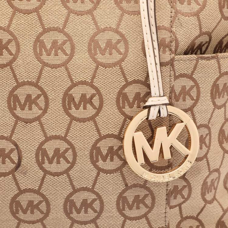 Pre Owned MICHAEL Michael Kors Beige/Brown Signature Canvas Jet Set Tote