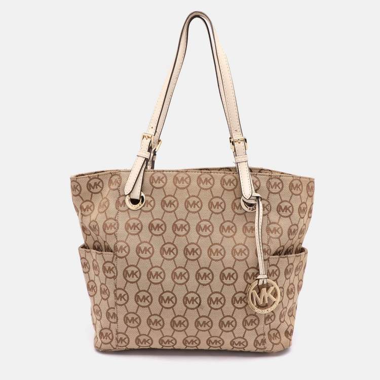 Pre Owned MICHAEL Michael Kors Beige/Brown Signature Canvas Jet Set Tote
