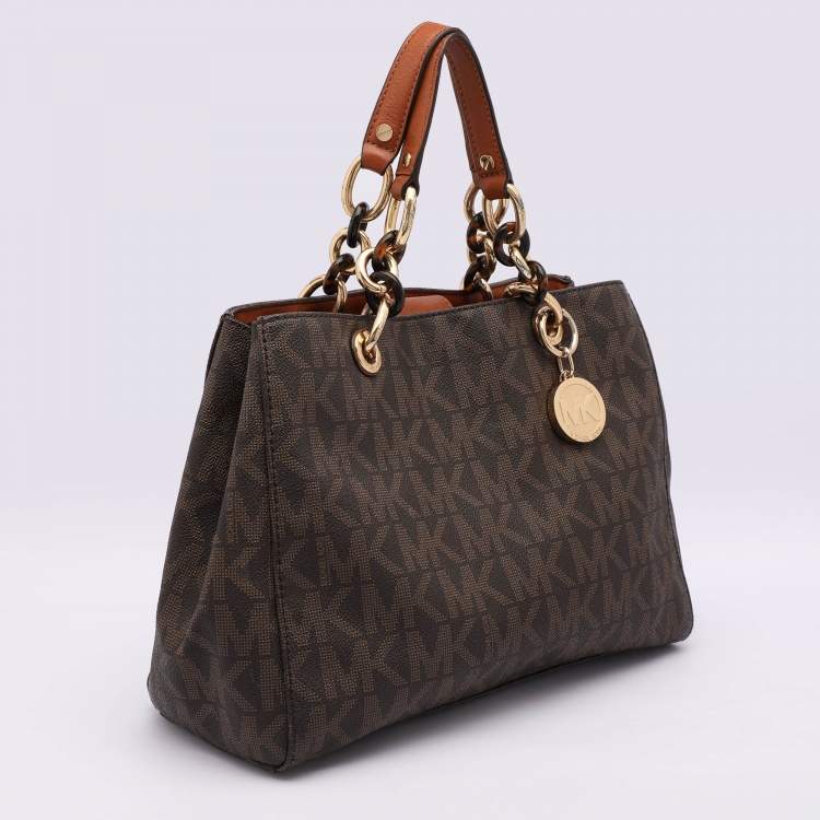 Pre Owned MICHAEL Michael Kors Brown Signature Coated Canvas Medium Cynthia Tote