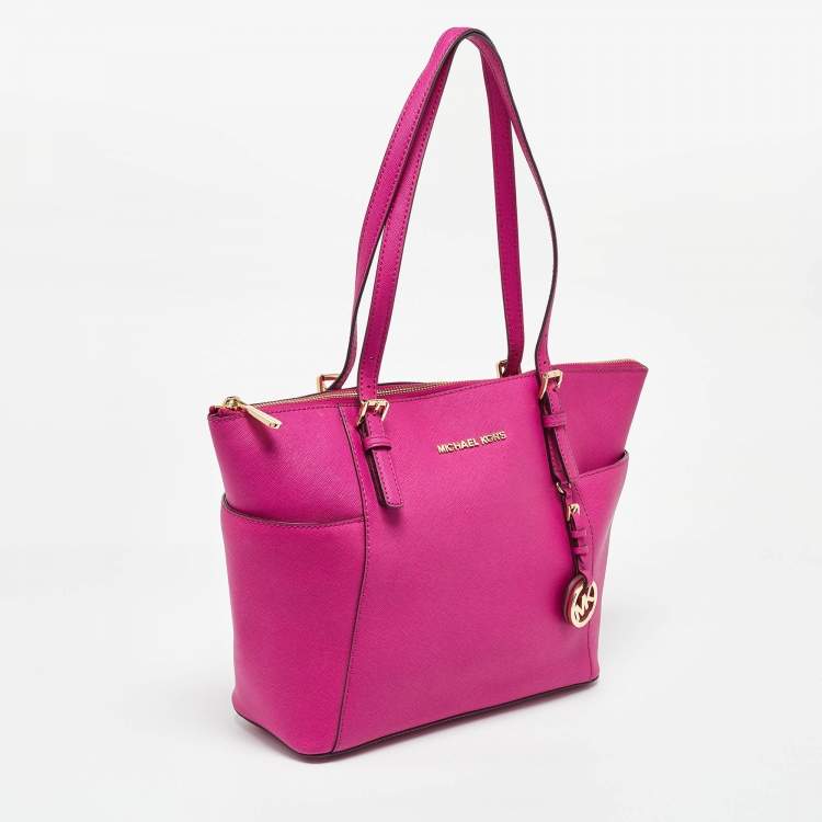 Pre Owned MICHAEL Michael Kors Fuchsia Leather Jet Set Top Zip Tote