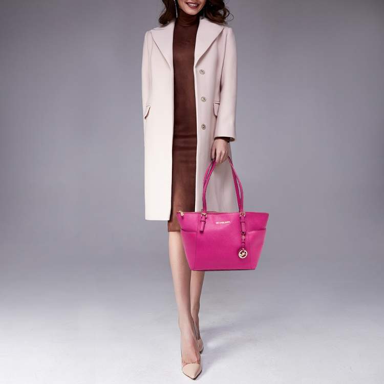 Pre Owned MICHAEL Michael Kors Fuchsia Leather Jet Set Top Zip Tote