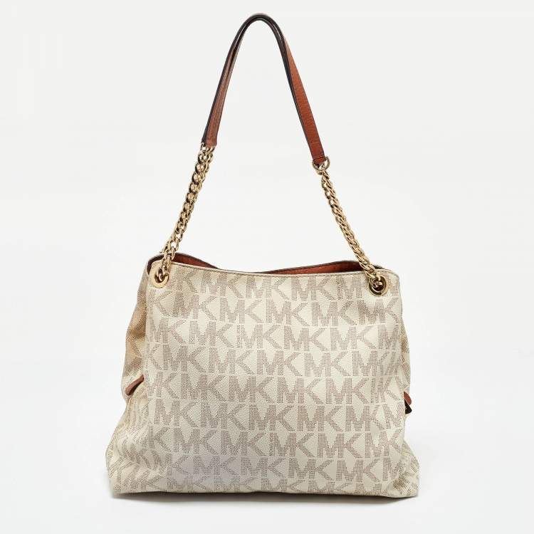 Pre Owned MICHAEL Michael Kors White Signature Coated Canvas Jet Set Shoulder Bag