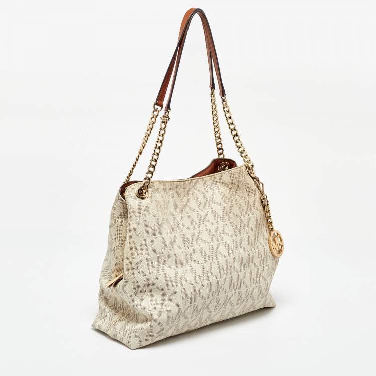 Pre Owned MICHAEL Michael Kors White Signature Coated Canvas Jet Set Shoulder Bag