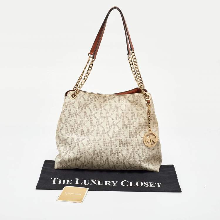 Pre Owned MICHAEL Michael Kors White Signature Coated Canvas Jet Set Shoulder Bag