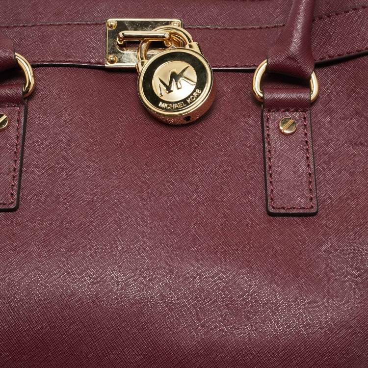 Pre Owned Michael Michael Kors Burgundy Leather Large East West Hamilton Tote