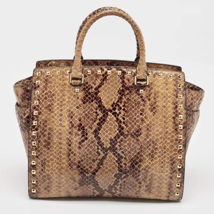 Pre Owned MICHAEL Michael Kors Beige Snakeskin Embossed Leather Large Selma Tote