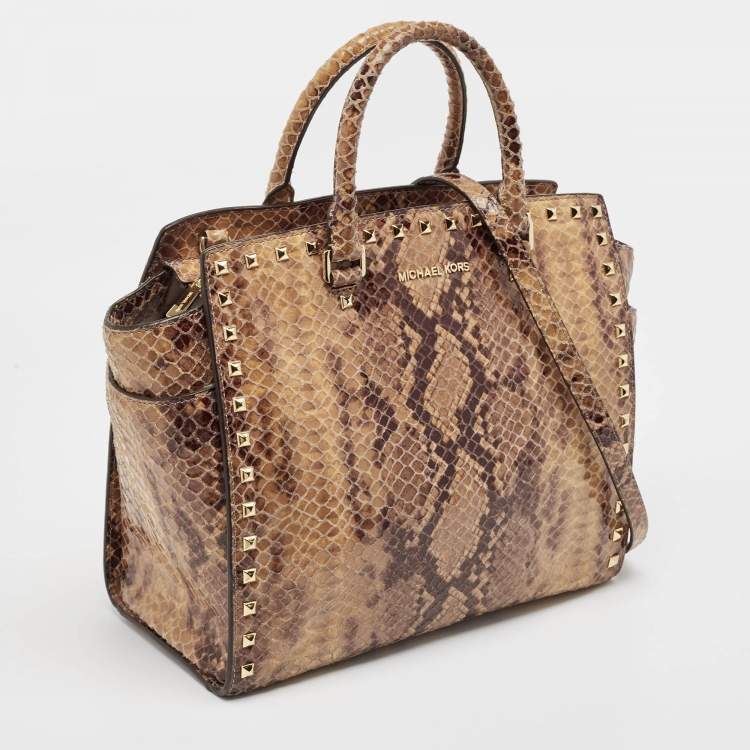 Pre Owned MICHAEL Michael Kors Beige Snakeskin Embossed Leather Large Selma Tote