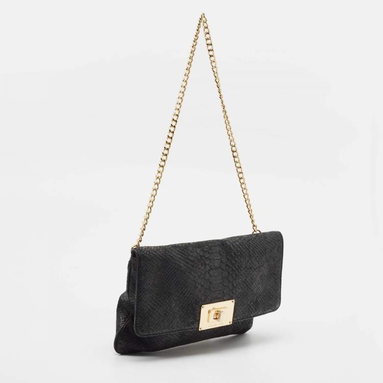 Pre Owned MICHAEL Michael Kors Black Python Embossed Leather Turnlock Chain Bag