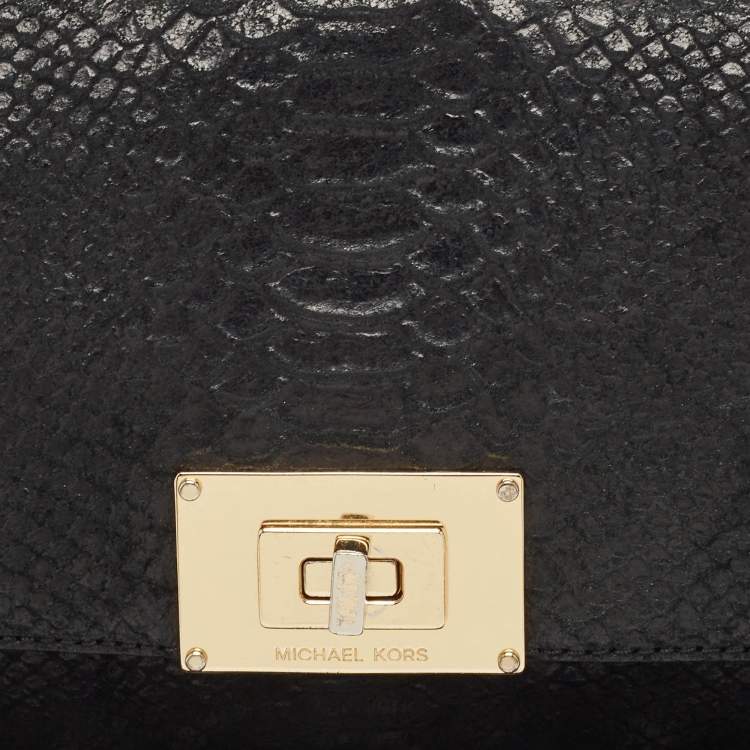 Pre Owned MICHAEL Michael Kors Black Python Embossed Leather Turnlock Chain Bag