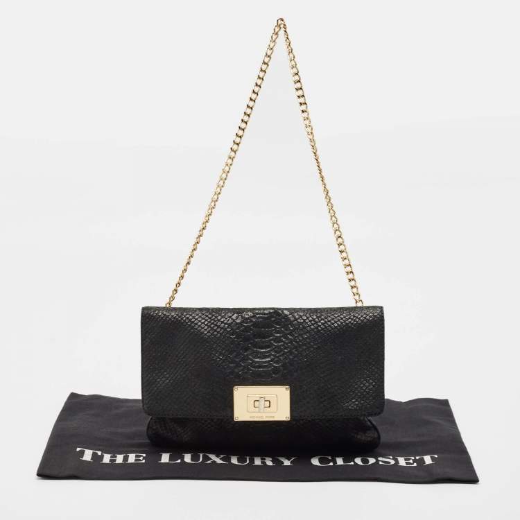 Pre Owned MICHAEL Michael Kors Black Python Embossed Leather Turnlock Chain Bag