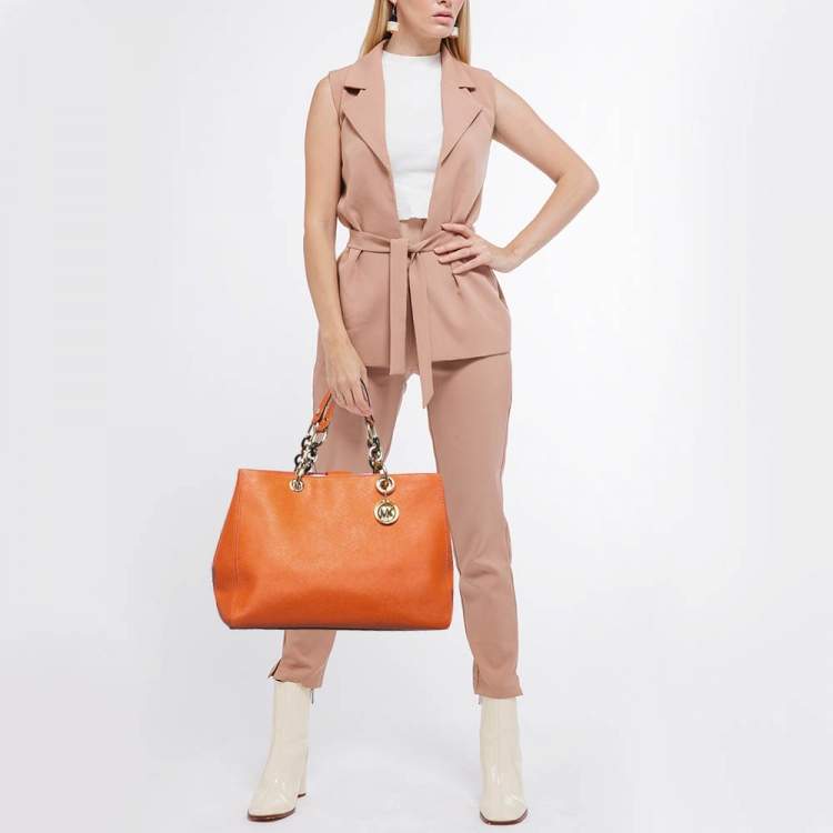 Pre Owned MICHAEL Michael Kors Orange Leather Cynthia Tote