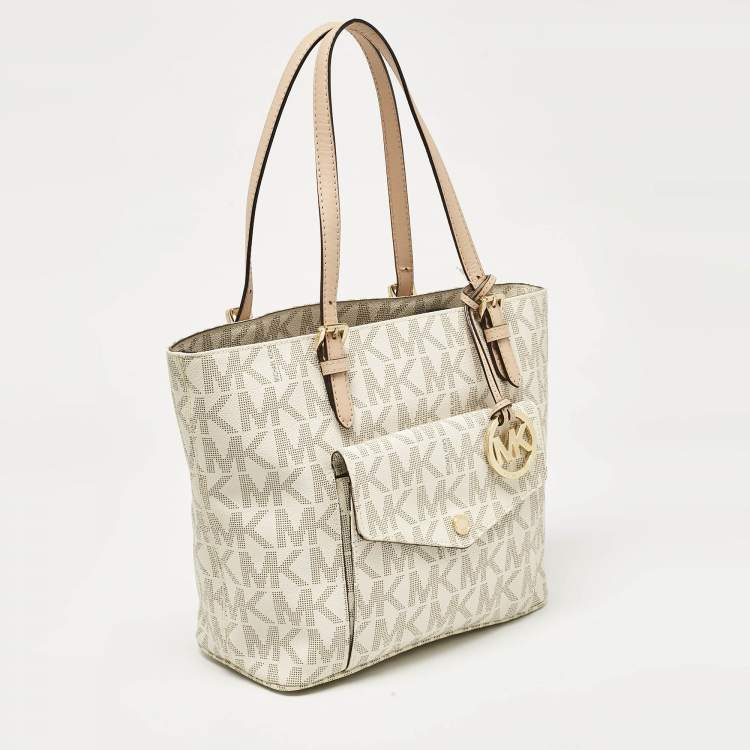Pre Owned MICHAEL Michael Kors White Signature Coated Canvas Jet Set Logo Pocket Tote