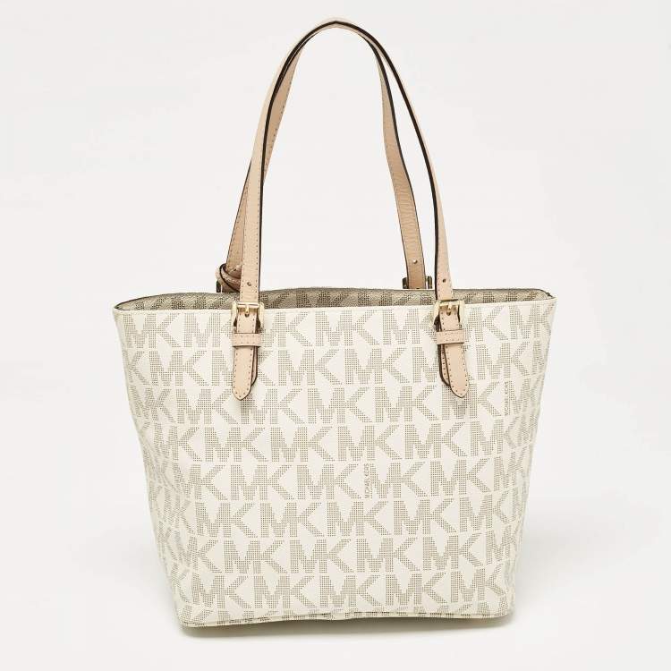 Pre Owned MICHAEL Michael Kors White Signature Coated Canvas Jet Set Logo Pocket Tote