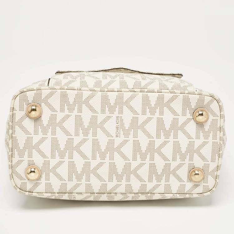 Pre Owned MICHAEL Michael Kors White Signature Coated Canvas Jet Set Logo Pocket Tote