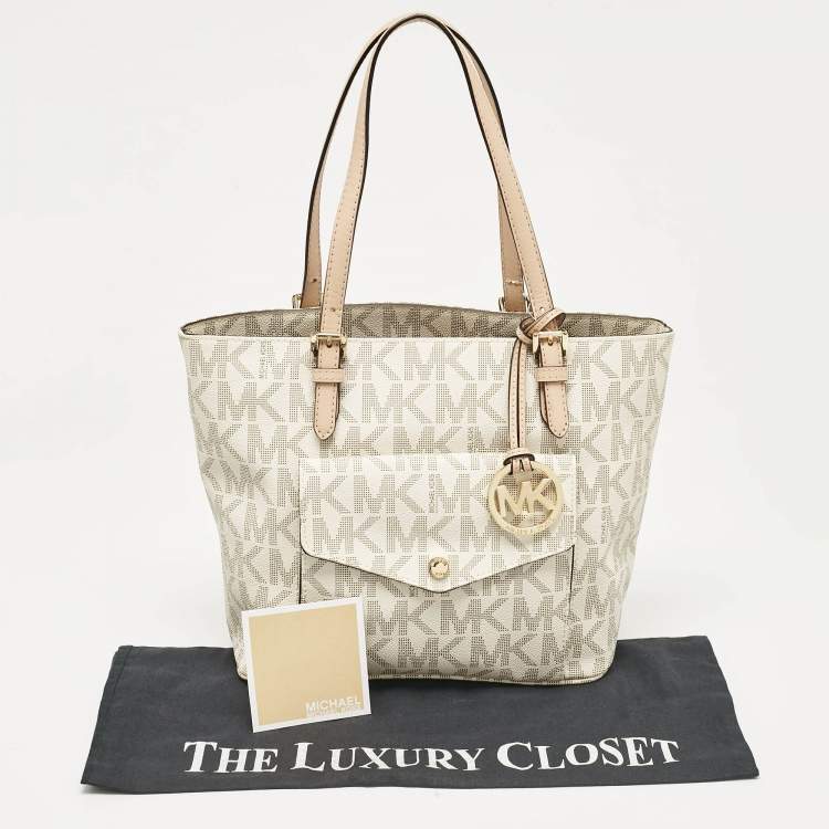 Pre Owned MICHAEL Michael Kors White Signature Coated Canvas Jet Set Logo Pocket Tote