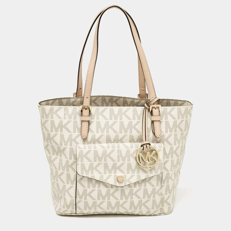 Pre Owned MICHAEL Michael Kors White Signature Coated Canvas Jet Set Logo Pocket Tote