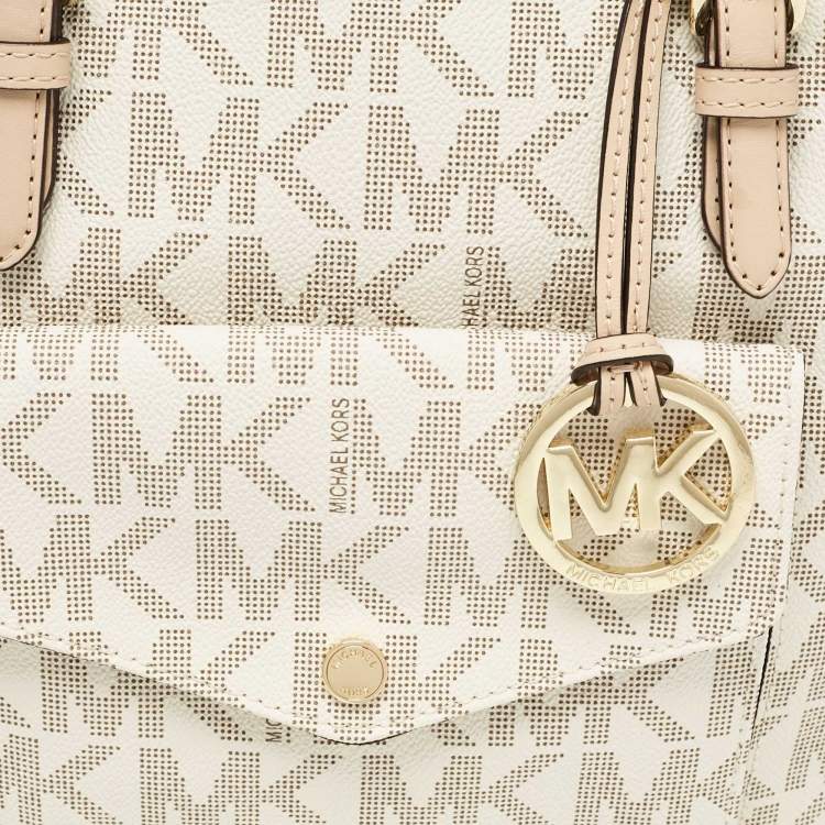 Pre Owned MICHAEL Michael Kors White Signature Coated Canvas Jet Set Logo Pocket Tote