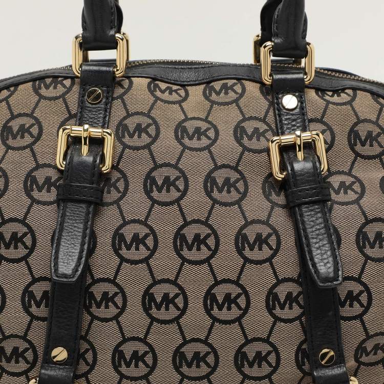 Pre Owned MICHAEL Michael Kors Beige/Black Monogram Canvas and Leather Bedford Satchel