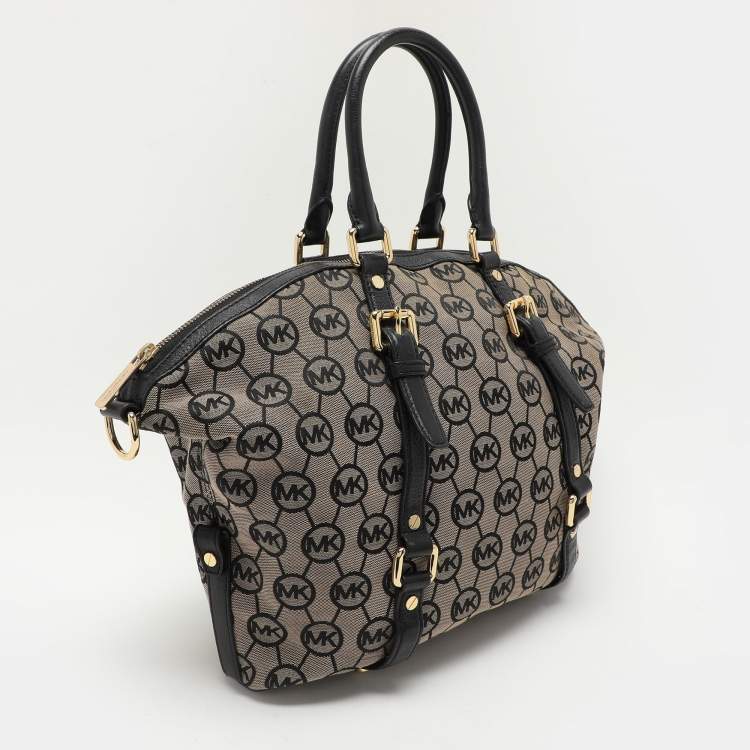 Pre Owned MICHAEL Michael Kors Beige/Black Monogram Canvas and Leather Bedford Satchel