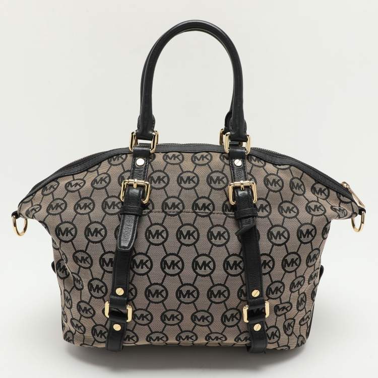 Pre Owned MICHAEL Michael Kors Beige/Black Monogram Canvas and Leather Bedford Satchel
