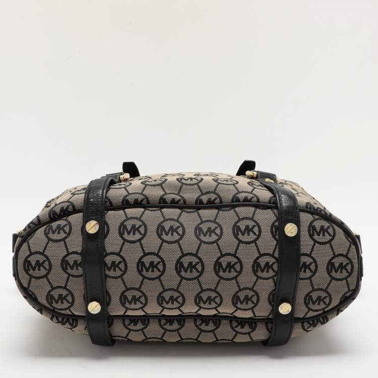 Pre Owned MICHAEL Michael Kors Beige/Black Monogram Canvas and Leather Bedford Satchel