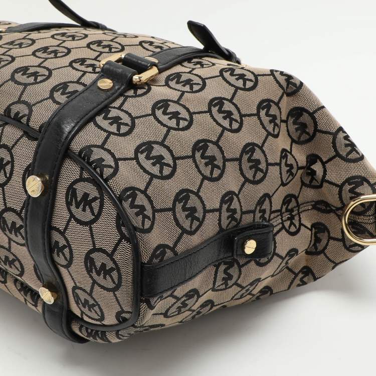 Pre Owned MICHAEL Michael Kors Beige/Black Monogram Canvas and Leather Bedford Satchel