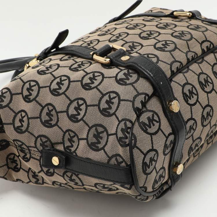 Pre Owned MICHAEL Michael Kors Beige/Black Monogram Canvas and Leather Bedford Satchel