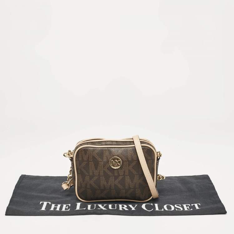 Pre Owned MICHAEL Michael Kors Beige/Brown Signature Coated Canvas and Leather Mini Camera Crossbody Bag