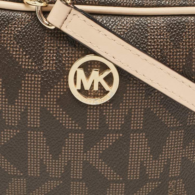 Pre Owned MICHAEL Michael Kors Beige/Brown Signature Coated Canvas and Leather Mini Camera Crossbody Bag