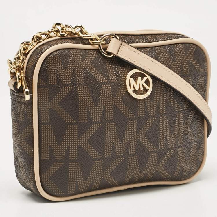 Pre Owned MICHAEL Michael Kors Beige/Brown Signature Coated Canvas and Leather Mini Camera Crossbody Bag