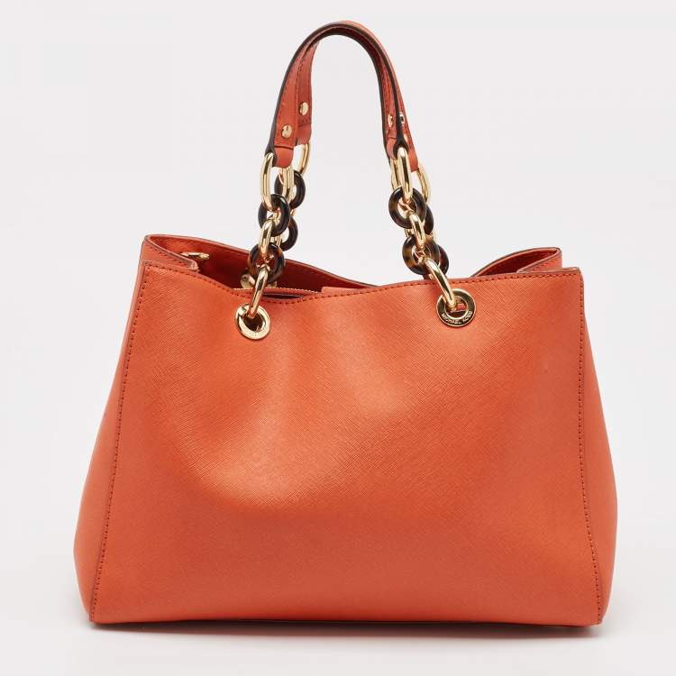 Pre Owned MICHAEL Michael Kors Orange Leather Medium Cynthia Tote