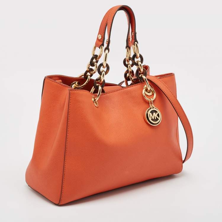 Pre Owned MICHAEL Michael Kors Orange Leather Medium Cynthia Tote
