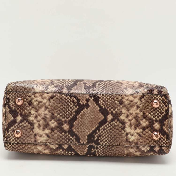 Pre Owned MICHAEL Michael Kors Beige/Brown Python Embossed Leather Cynthia Satchel
