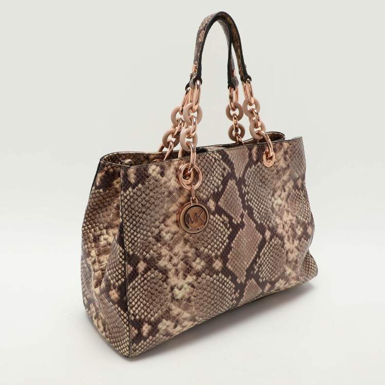 Pre Owned MICHAEL Michael Kors Beige/Brown Python Embossed Leather Cynthia Satchel