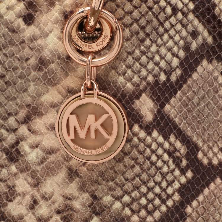 Pre Owned MICHAEL Michael Kors Beige/Brown Python Embossed Leather Cynthia Satchel