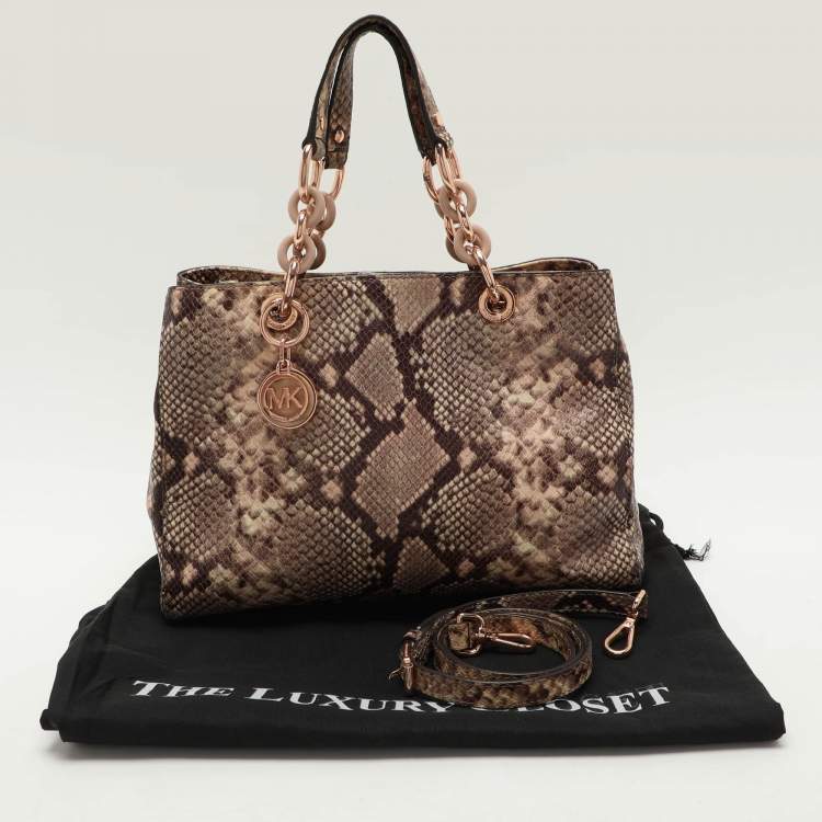 Pre Owned MICHAEL Michael Kors Beige/Brown Python Embossed Leather Cynthia Satchel