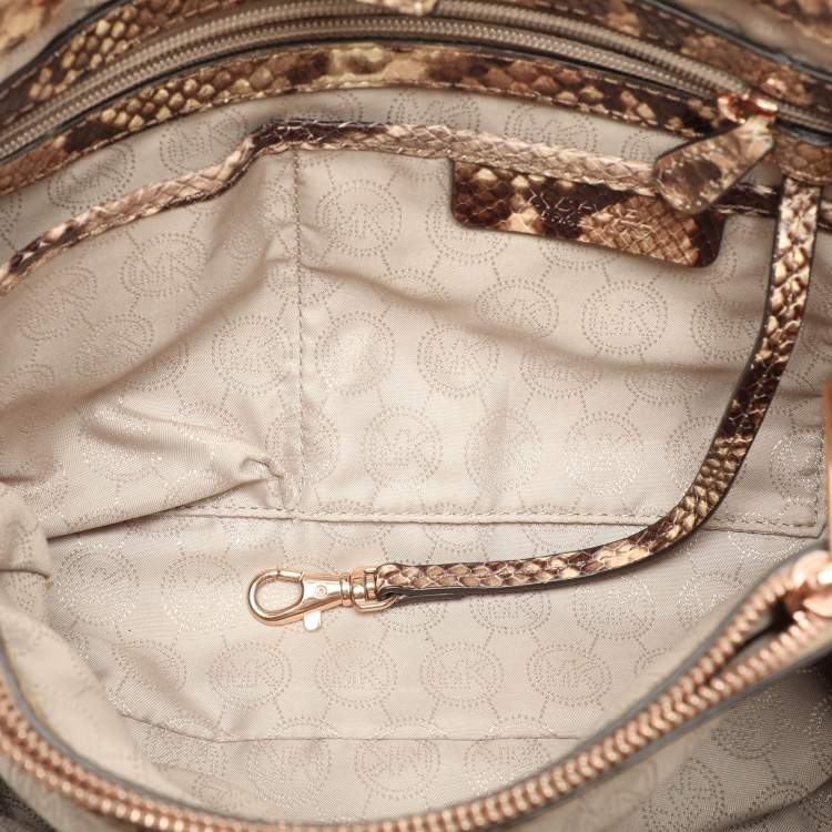 Pre Owned MICHAEL Michael Kors Beige/Brown Python Embossed Leather Cynthia Satchel